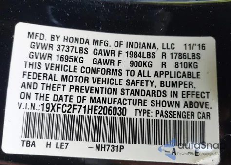 2017 Honda Civic Ex z USA, uszkodzony, nr VIN 19XFC2F71HE206030